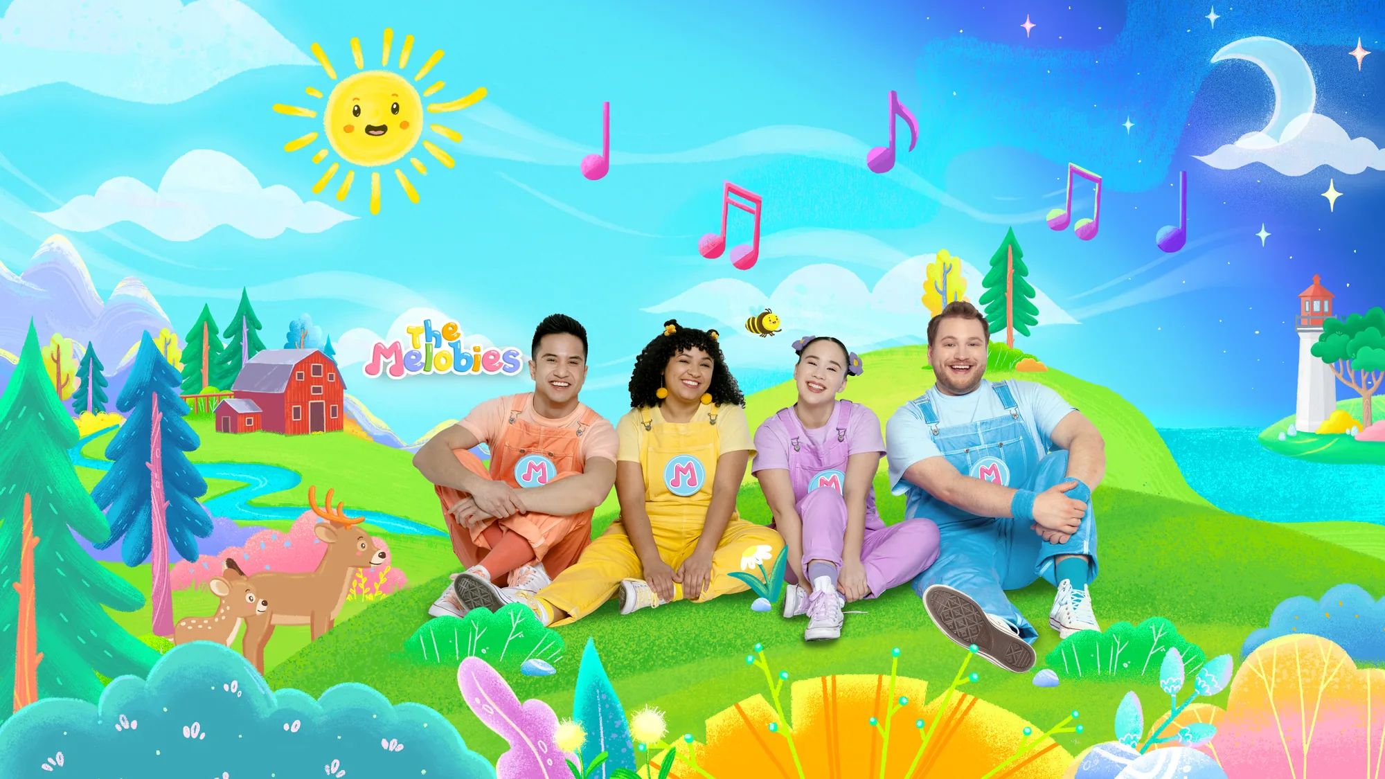 The Melobies cast on an illustrated hillside